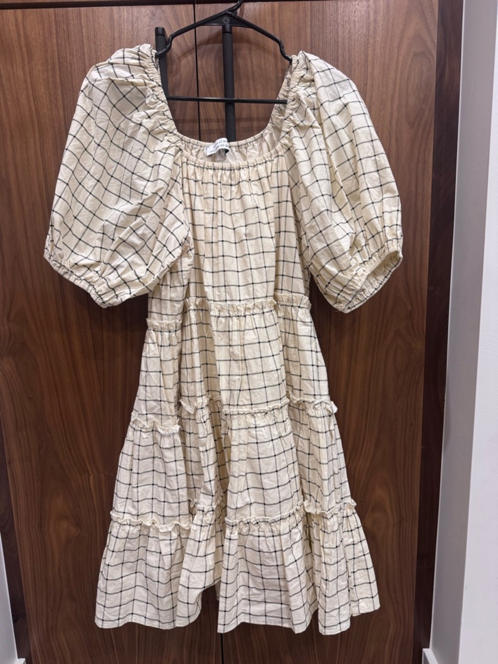 Cream Windowpane Puff-Sleeve Mini Dress